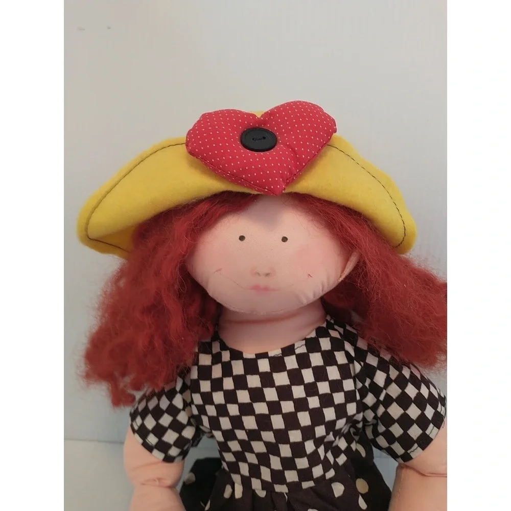 Vintage Handmade Madeline Cloth Doll Red Hair Yellow Hat Shoes Black White Dress